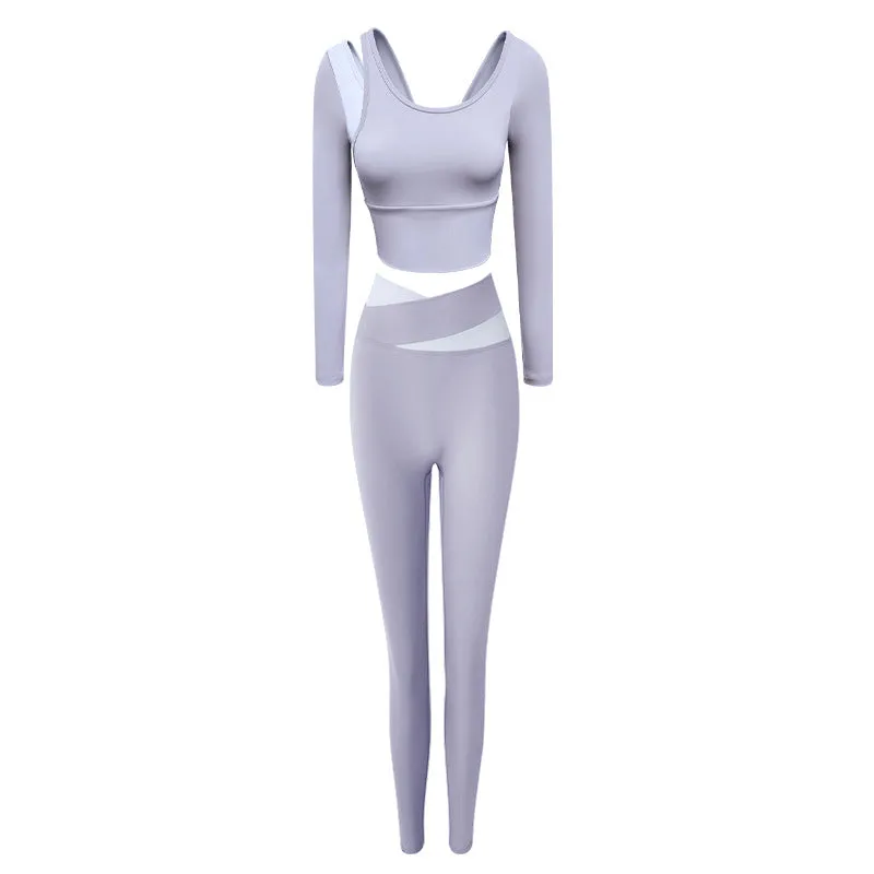 2022 Autumn Winter New Design Spliced Gym Long Sleeve T shirt Legging Yoga Sports Two Piece Set