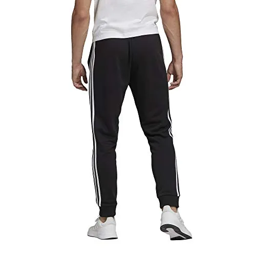 adidas Men's Standard Essentials French Terry Tapered Cuff 3-Stripes Pants, Black/White, Large