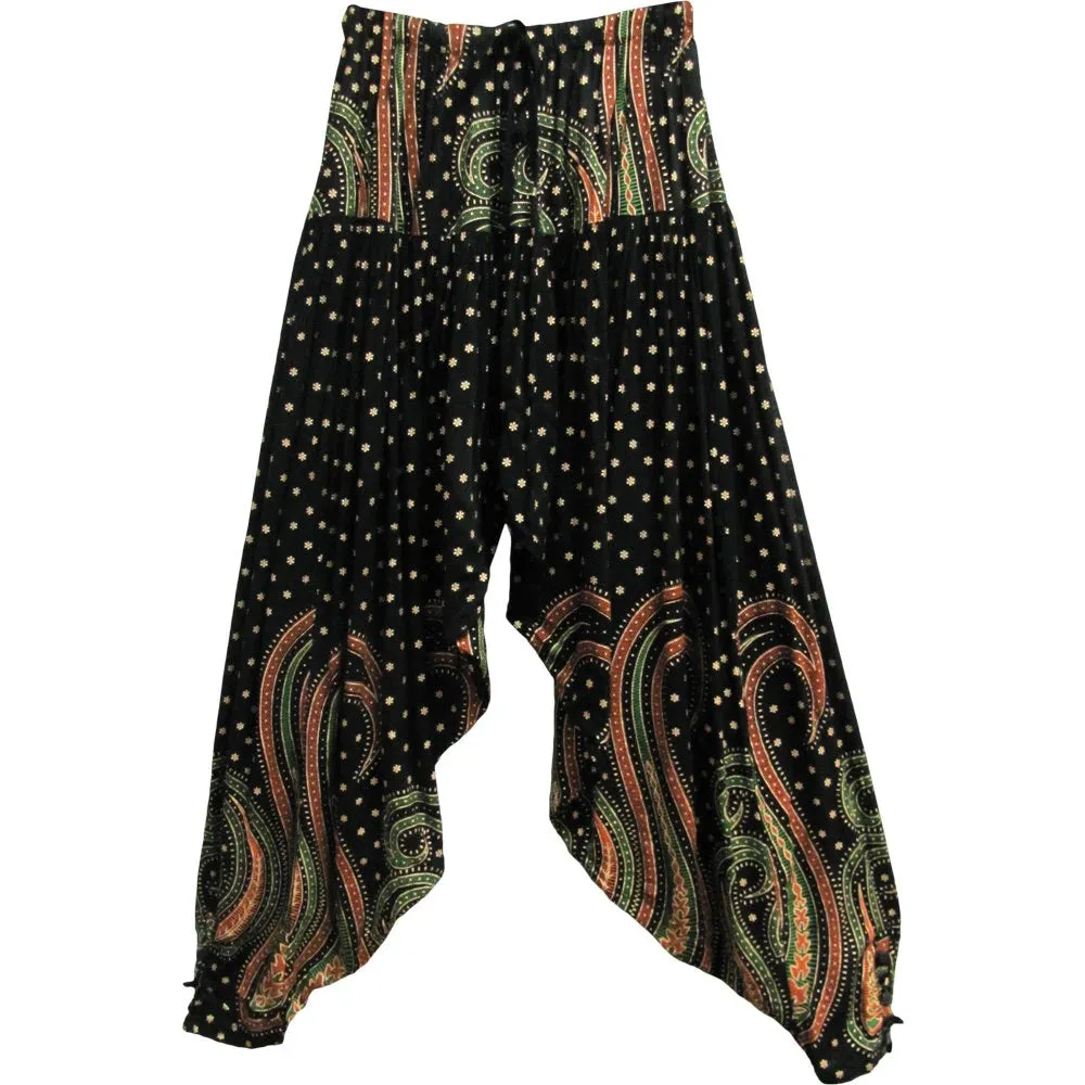 Black & Gold Shimmering Printed Gauze Bohemian Harem Gypsy Pants