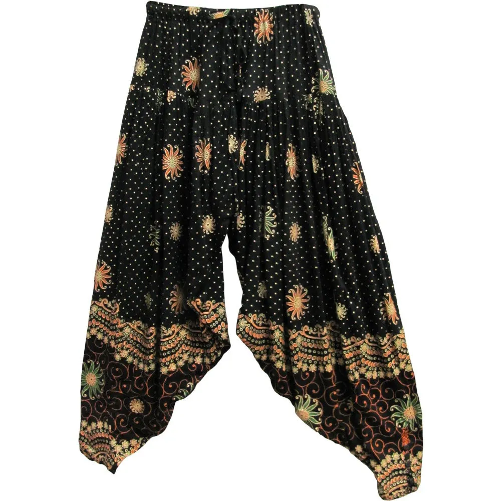 Black & Gold Shimmering Printed Gauze Bohemian Harem Gypsy Pants