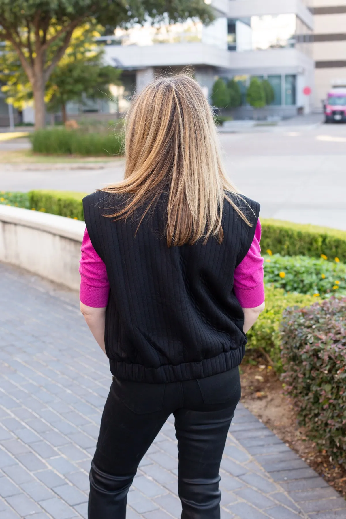 Black Striped Textured Zip Up Vest