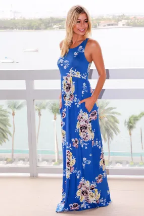 Blue and Yellow Floral Racerback Maxi Dress with Pockets