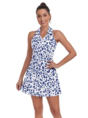 Blue Leopard V-neck Racerback Sleeveless Dress with Shorts