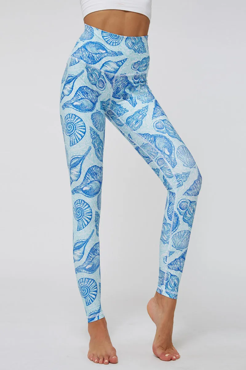 Blue Sea Shell Print High Waist Yoga Pants