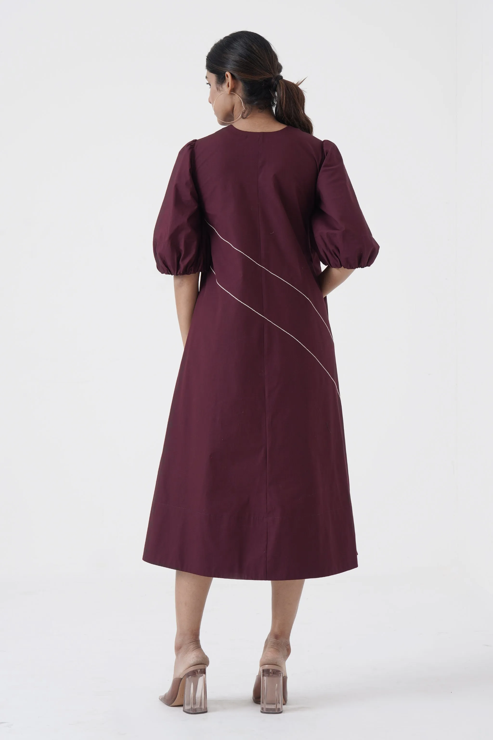 Concord - U-neck wave stitch long dress - Wine