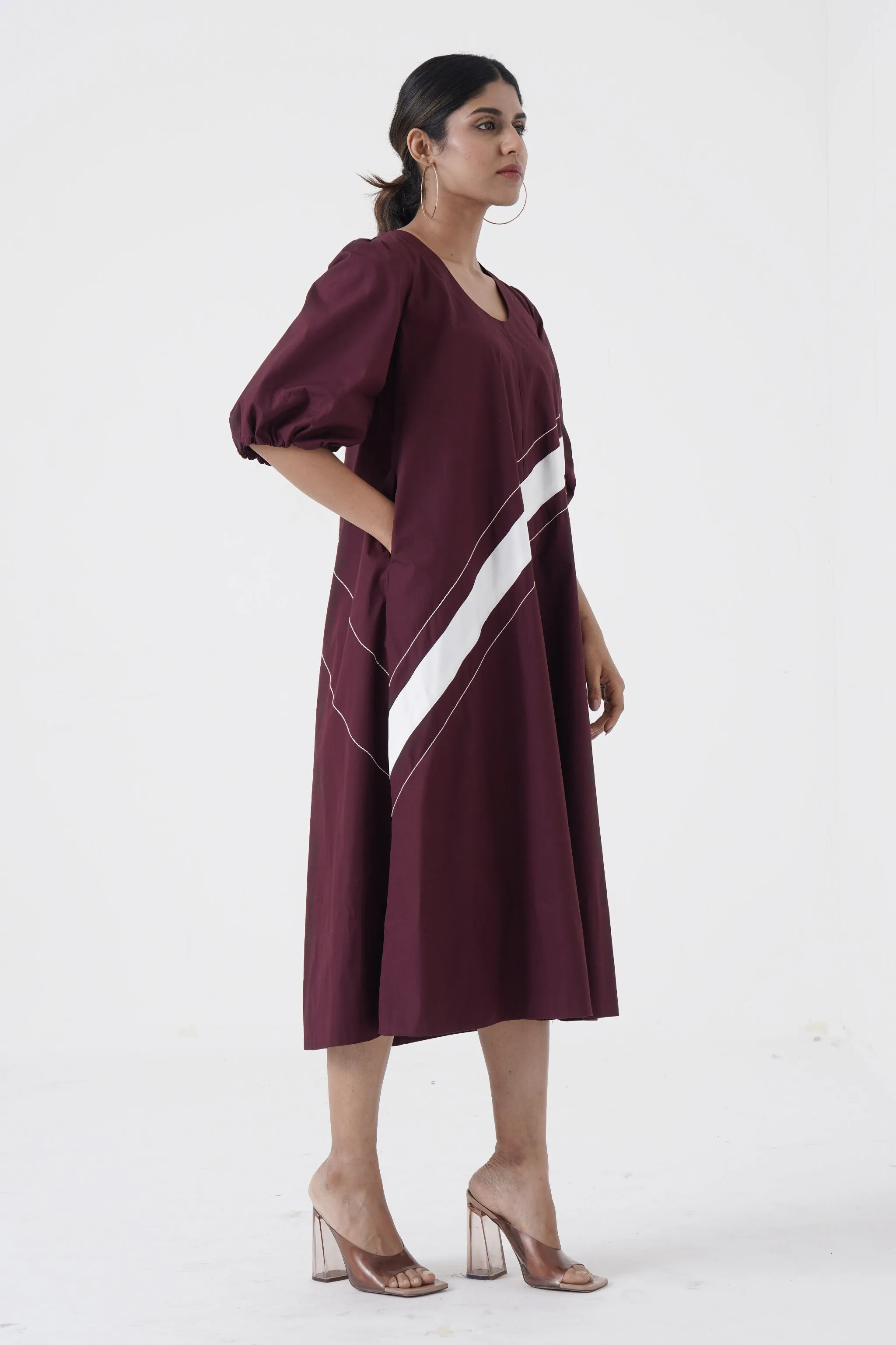 Concord - U-neck wave stitch long dress - Wine