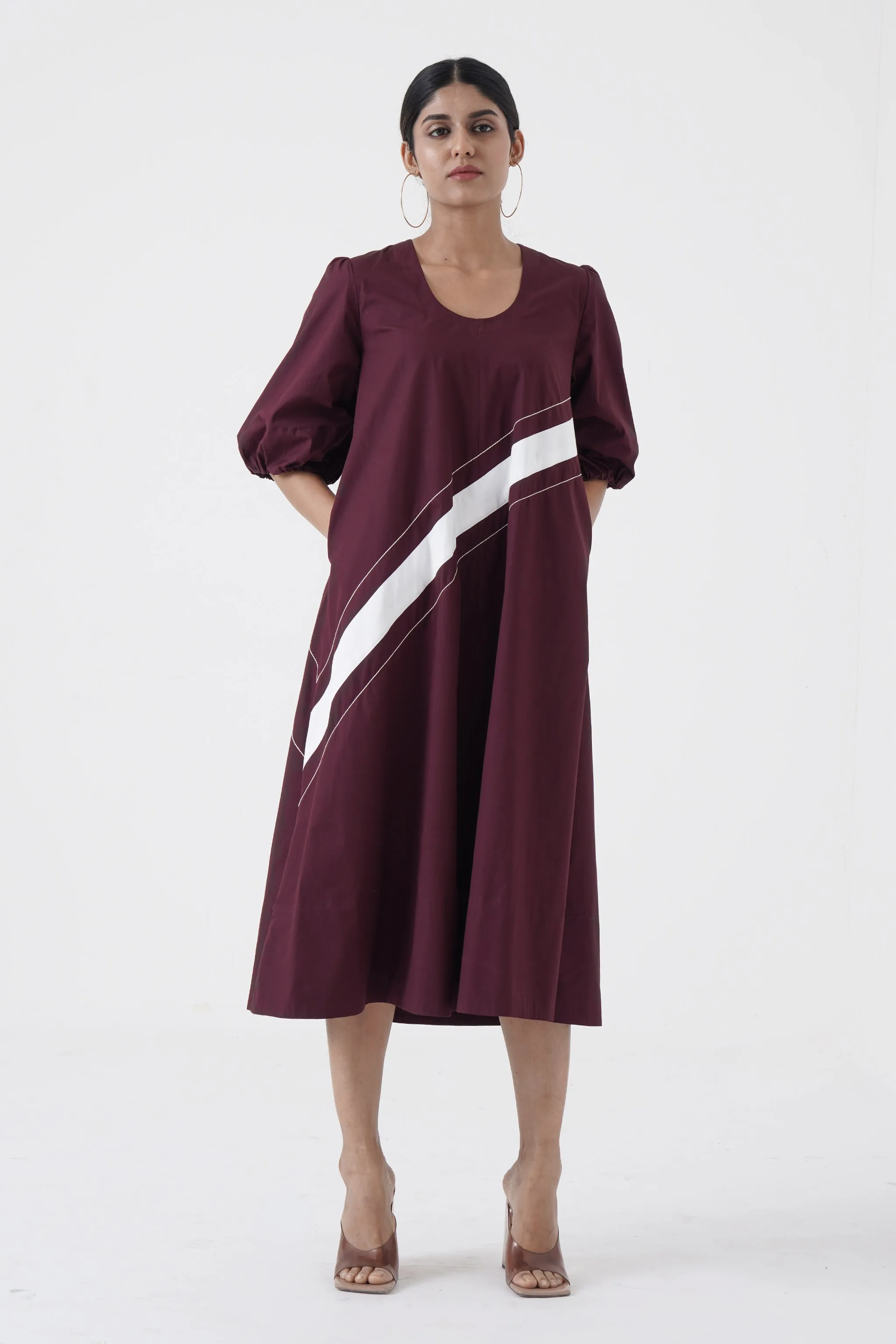 Concord - U-neck wave stitch long dress - Wine