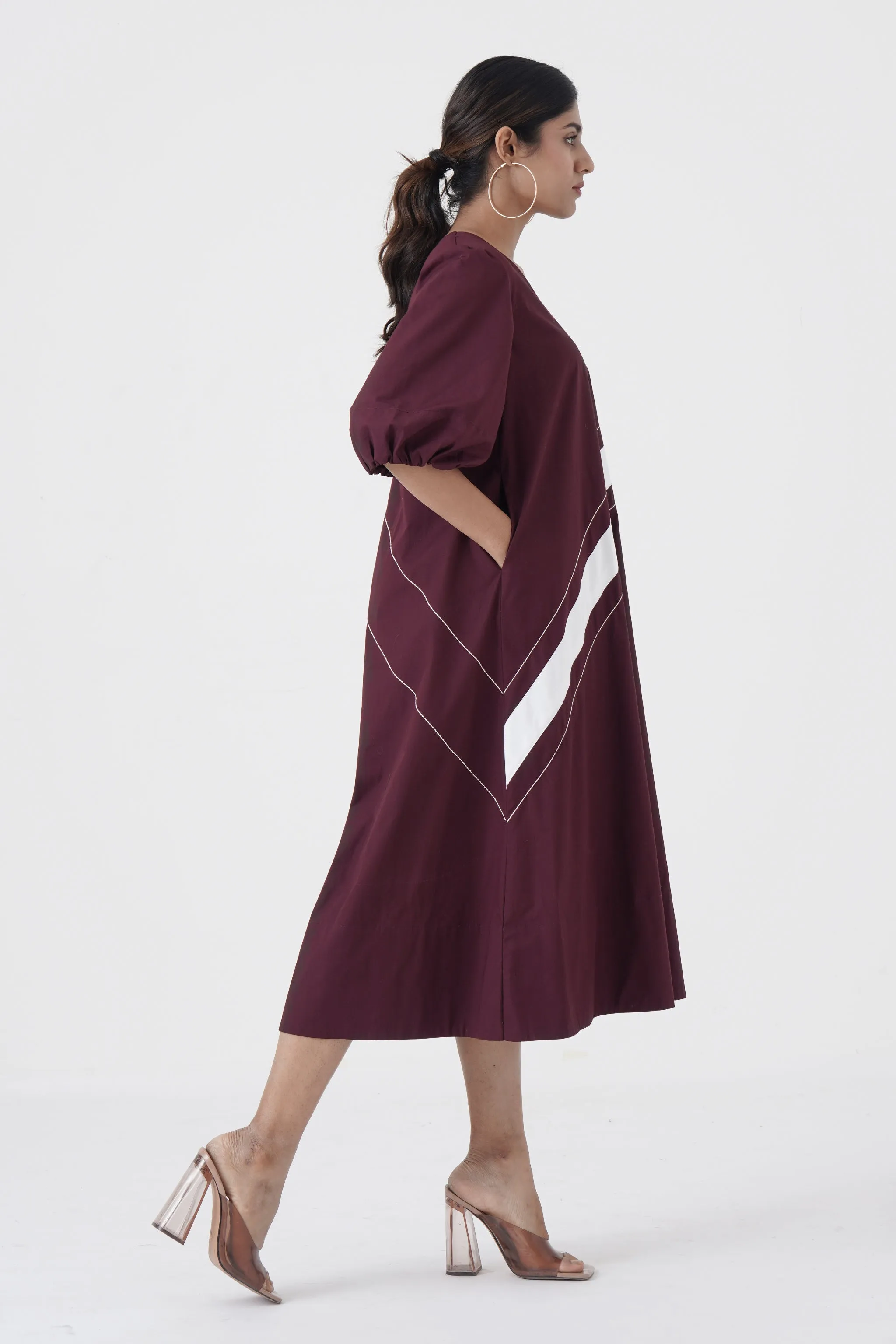 Concord - U-neck wave stitch long dress - Wine