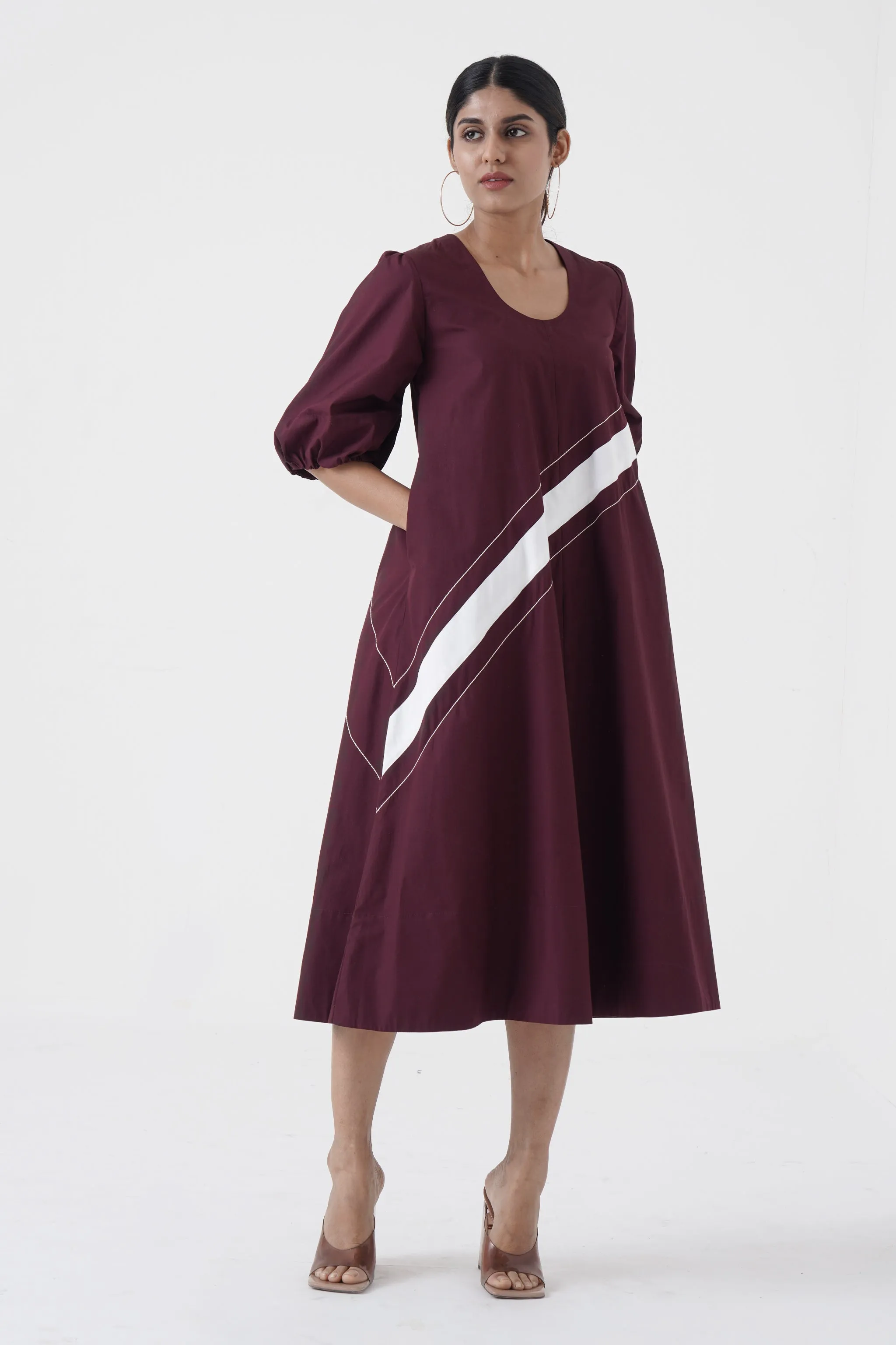 Concord - U-neck wave stitch long dress - Wine