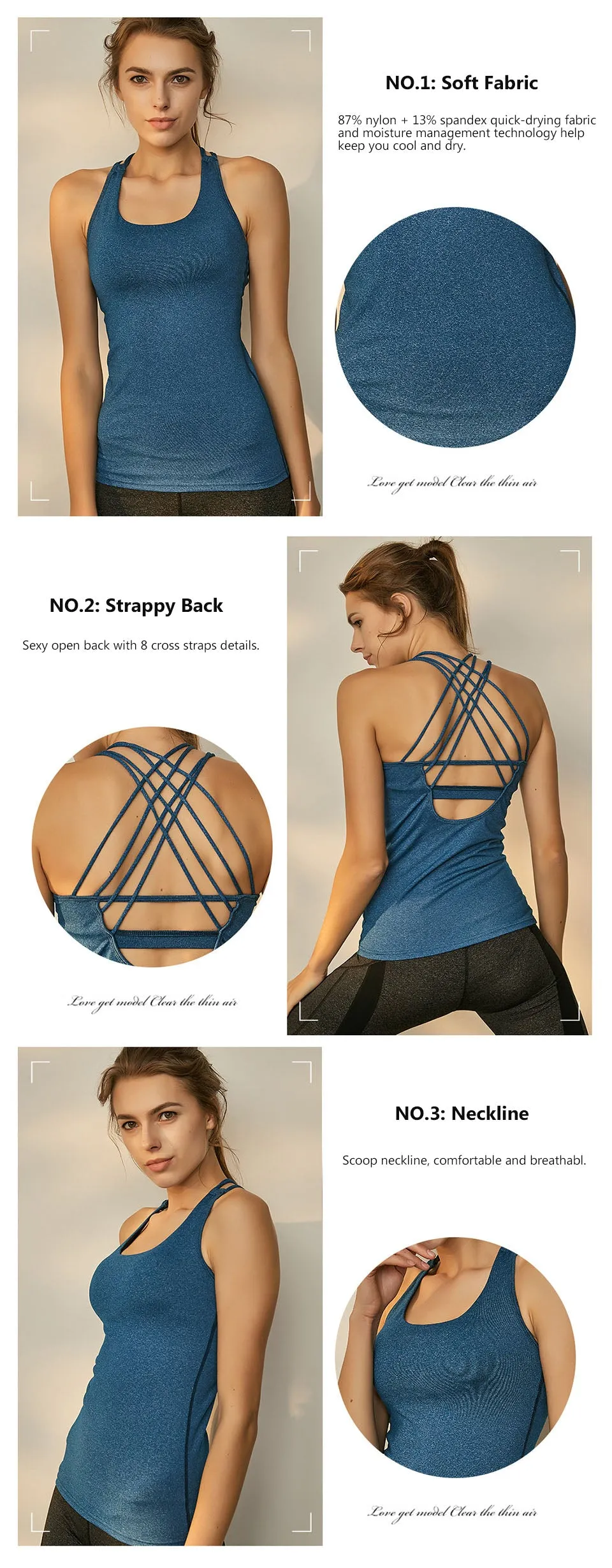 Dry Fit Crisscross Back Strappy Yoga Tops Blue Wourkout Clothes Activewear Built In Bra Gym Tank For Women Running Shirts