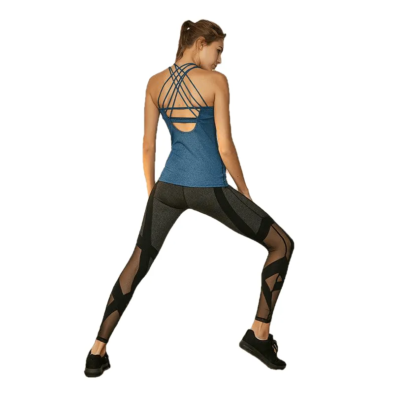 Dry Fit Crisscross Back Strappy Yoga Tops Blue Wourkout Clothes Activewear Built In Bra Gym Tank For Women Running Shirts