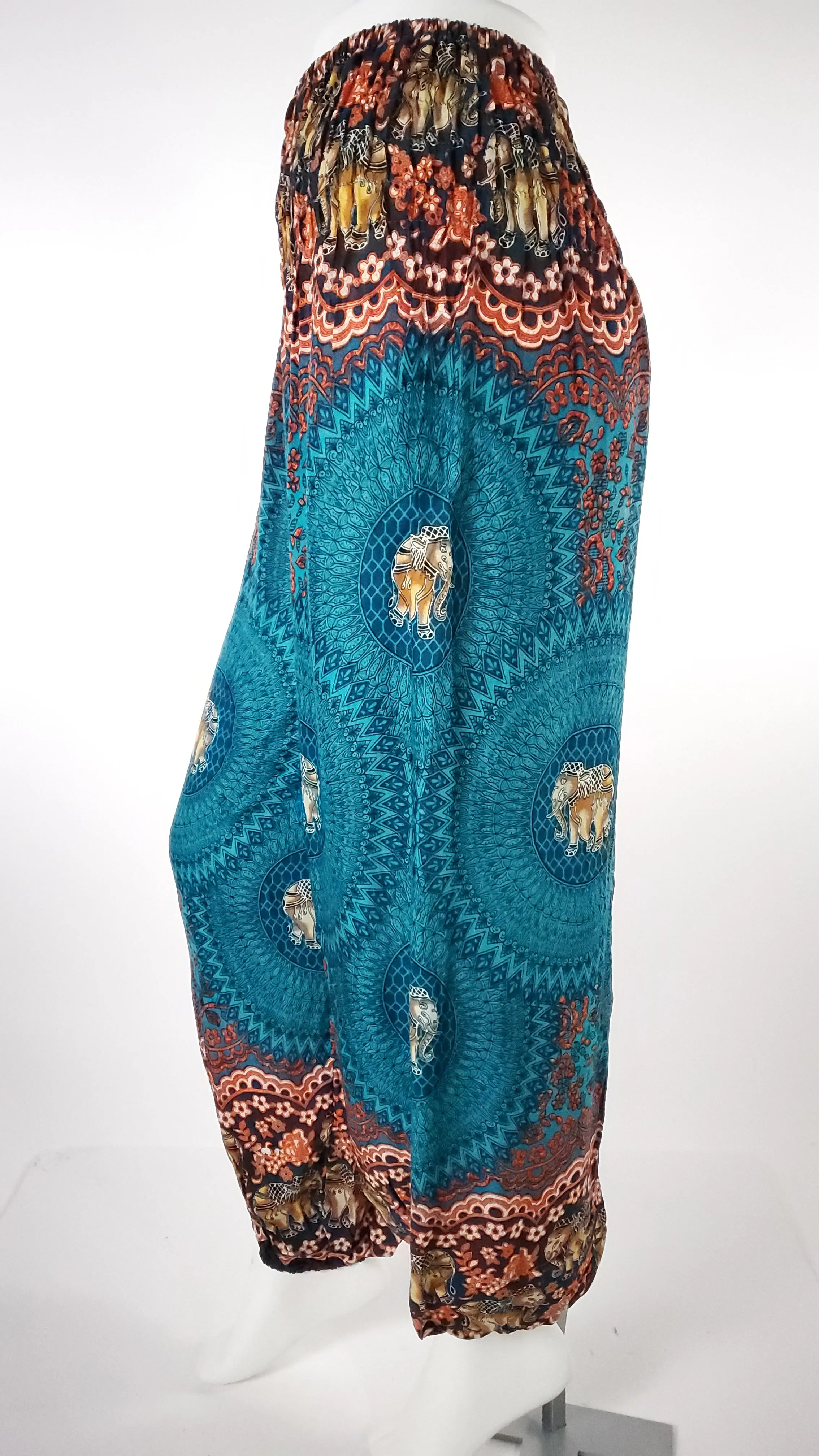 Elephant Design  Straight Leg Harem Pants in Turquoise