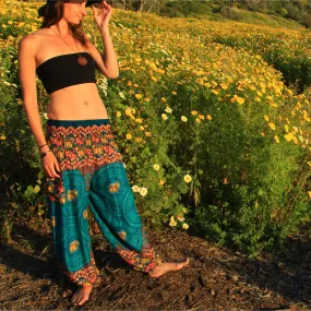 Elephant Design  Straight Leg Harem Pants in Turquoise