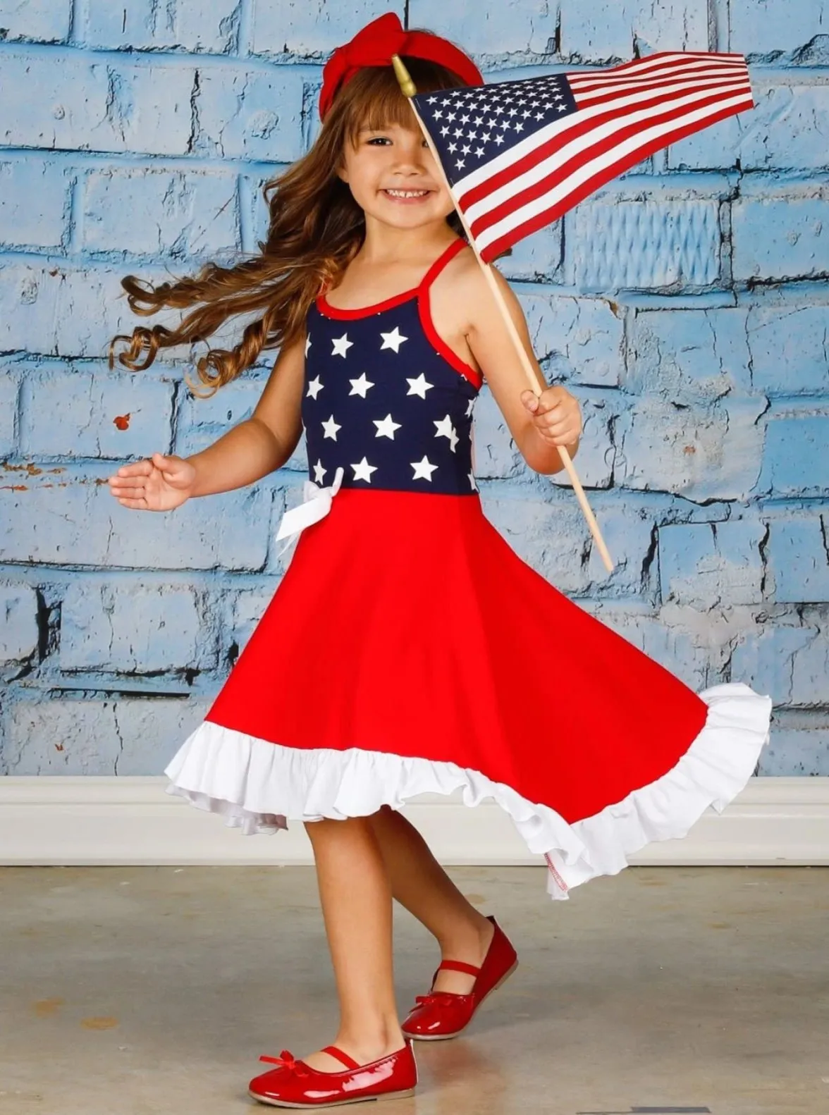 Girls 4th of July Themed Star Print Racerback Ruffled Dress