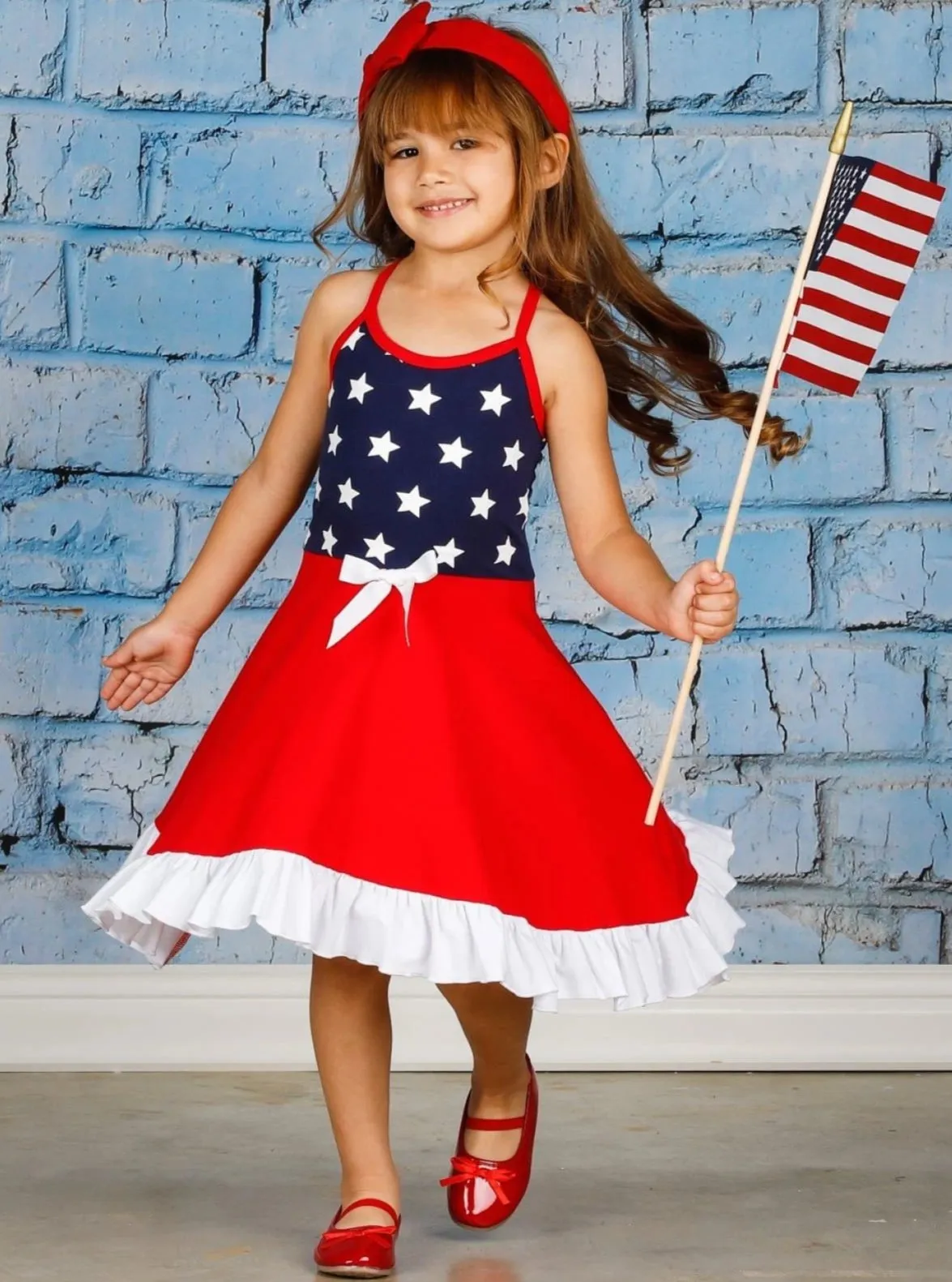 Girls 4th of July Themed Star Print Racerback Ruffled Dress