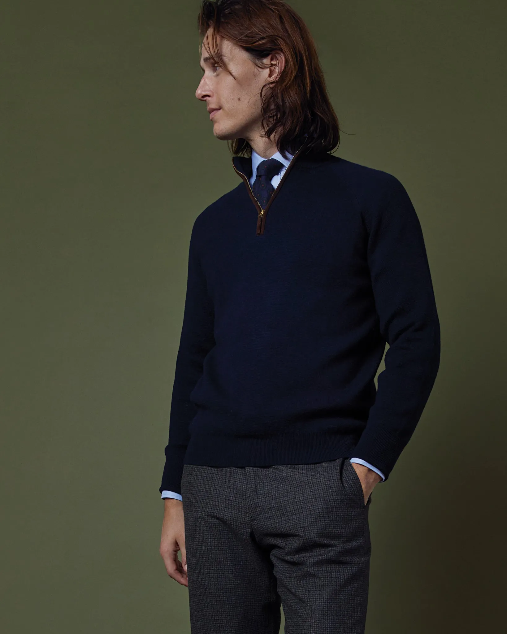 Half-Zip Milano-Stitch Sweater in Navy Extra Fine Merino