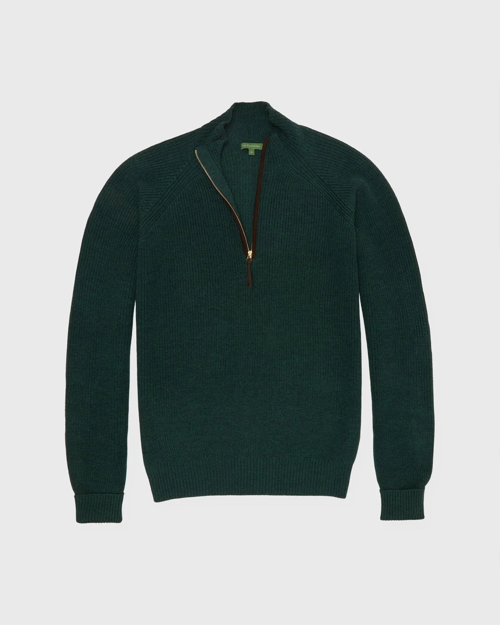 Half-Zip Shaker-Stitch Sweater in Jungle Extra Fine Merino/Suede Trim