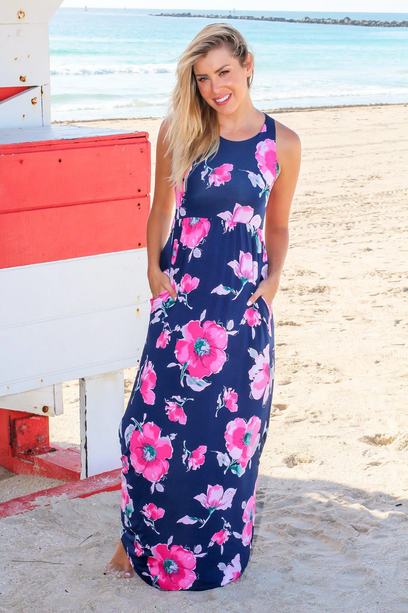 Navy and Fuchsia Floral Racerback Maxi Dress