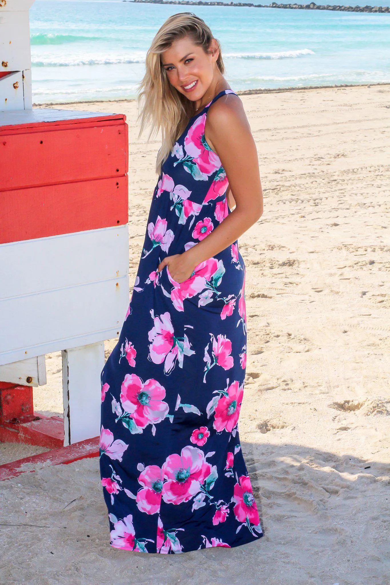 Navy and Fuchsia Floral Racerback Maxi Dress