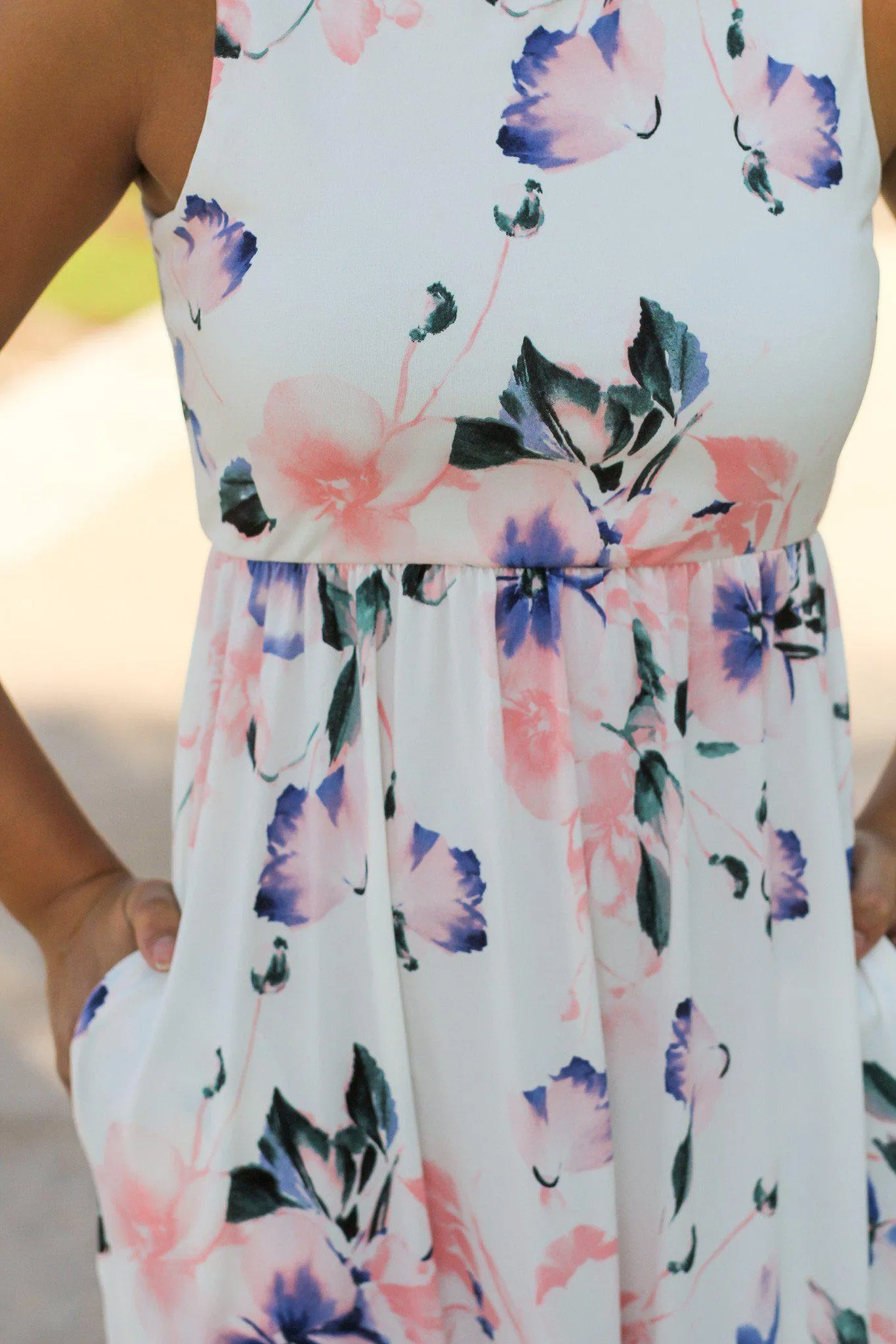 Off White Floral Racerback Maxi Dress with Pockets