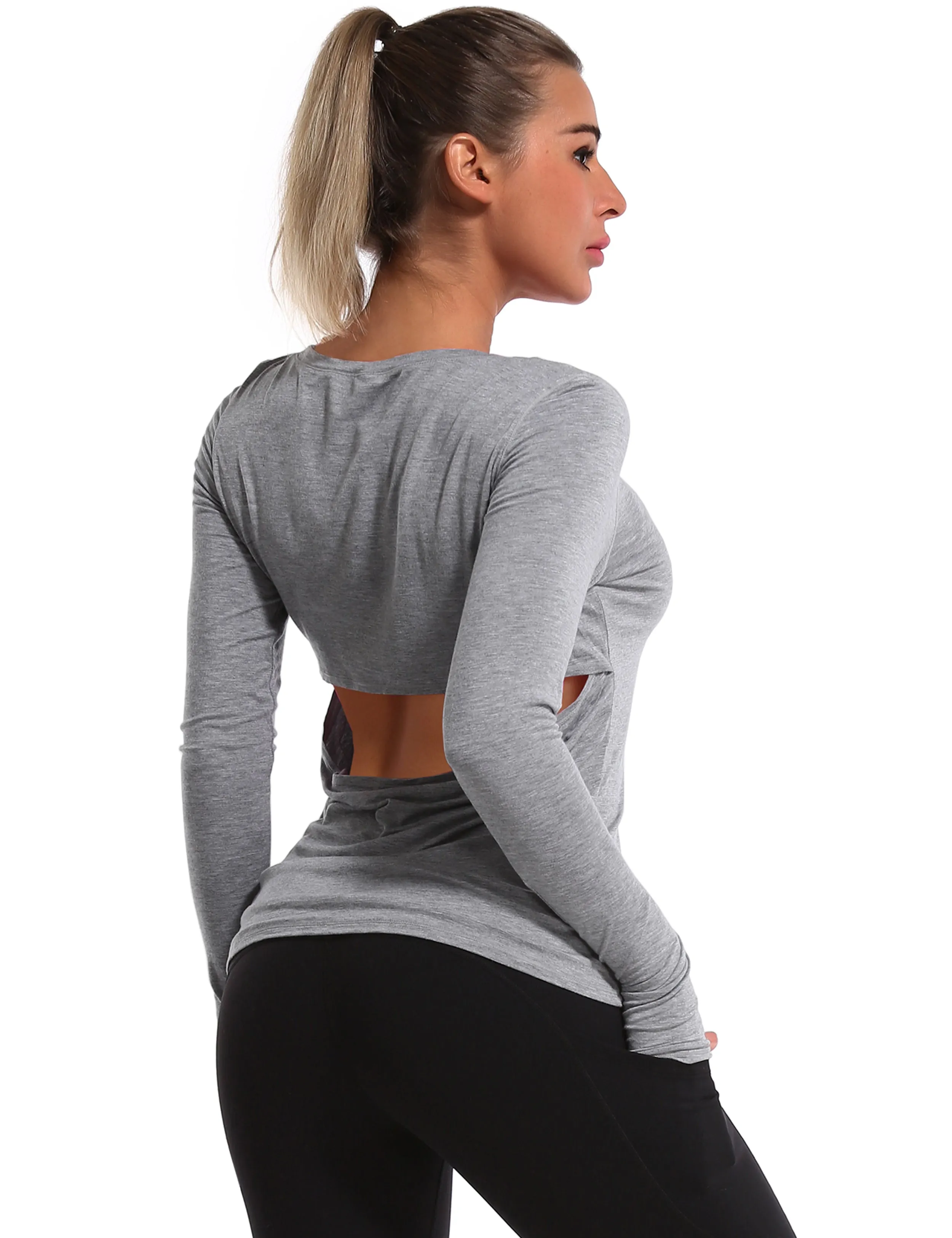 Open Back Long Sleeve Tops heathergray_Running