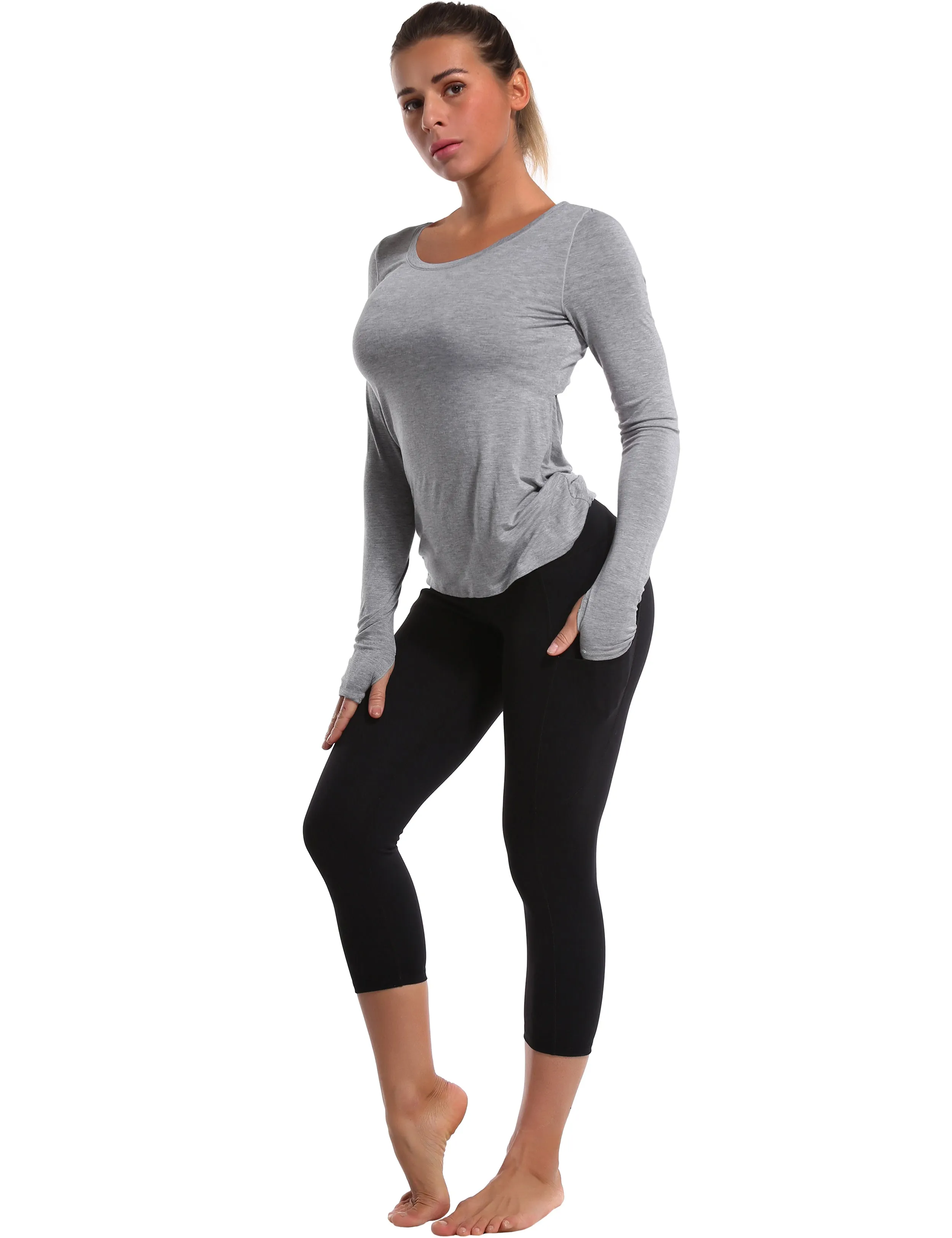 Open Back Long Sleeve Tops heathergray_Running