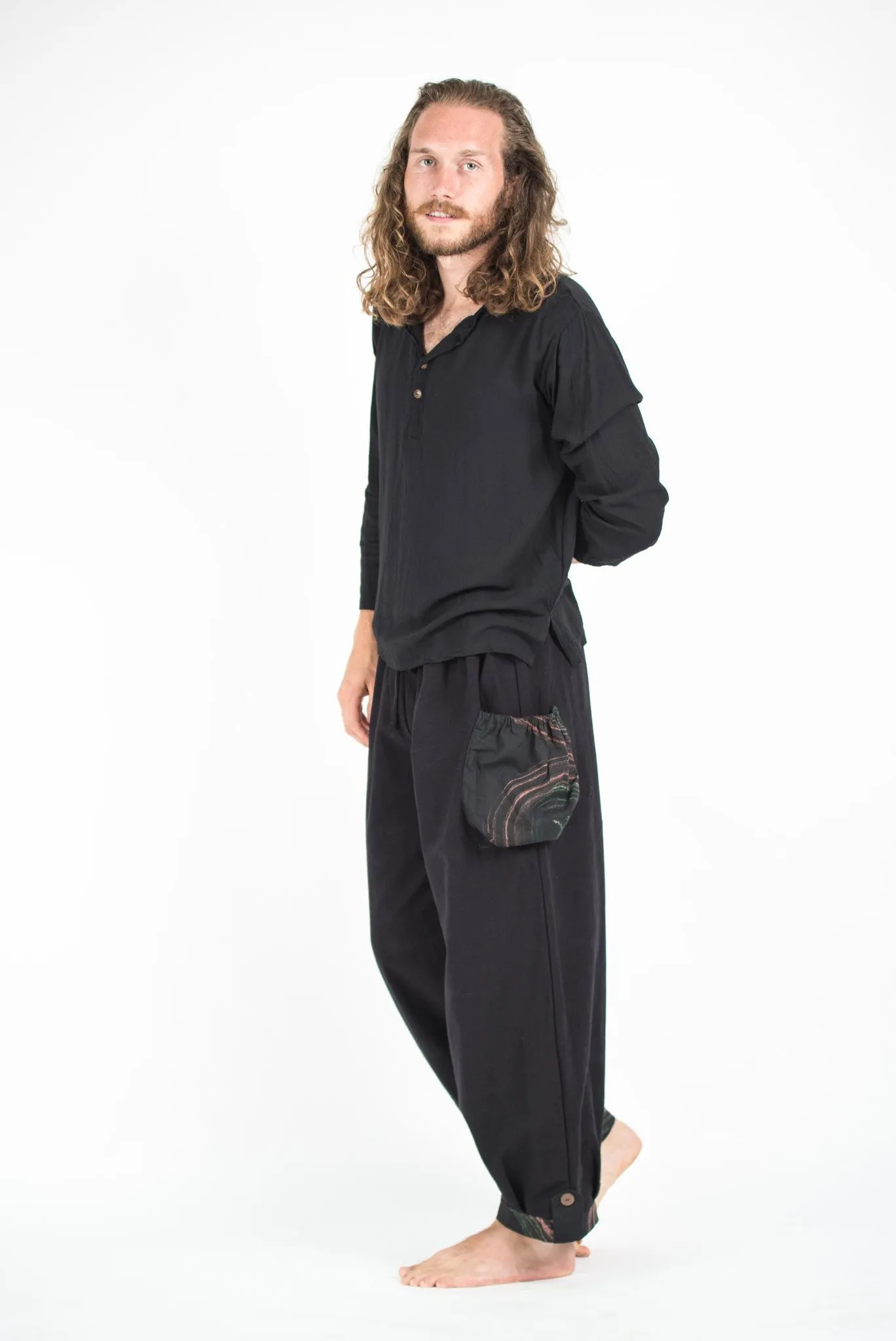 Organic Cotton Thai  Yoga Massage Pants Hill Tribe Trim Black