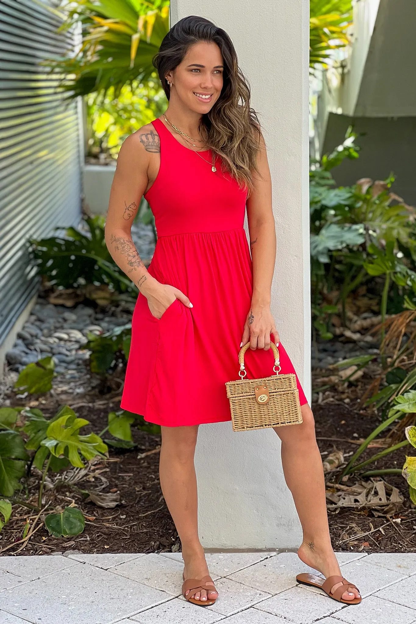 Red Racerback Short Dress with Pockets