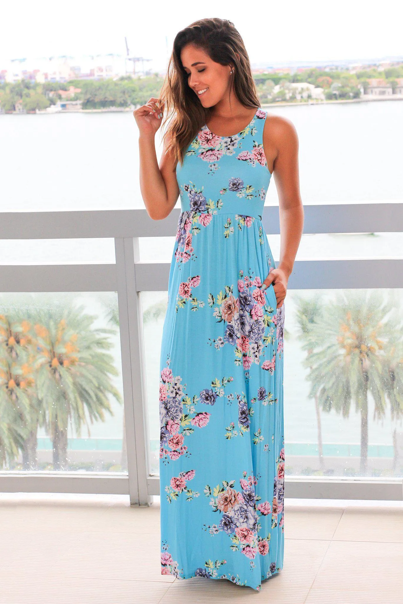 Sky Blue Floral Maxi Dress