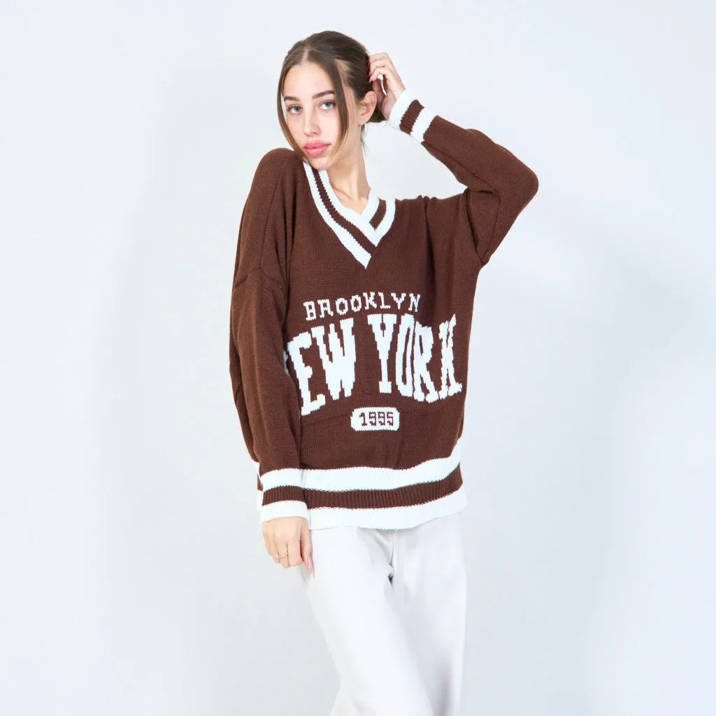 Varsity-inspired knit sweater with New York graphic wholesale