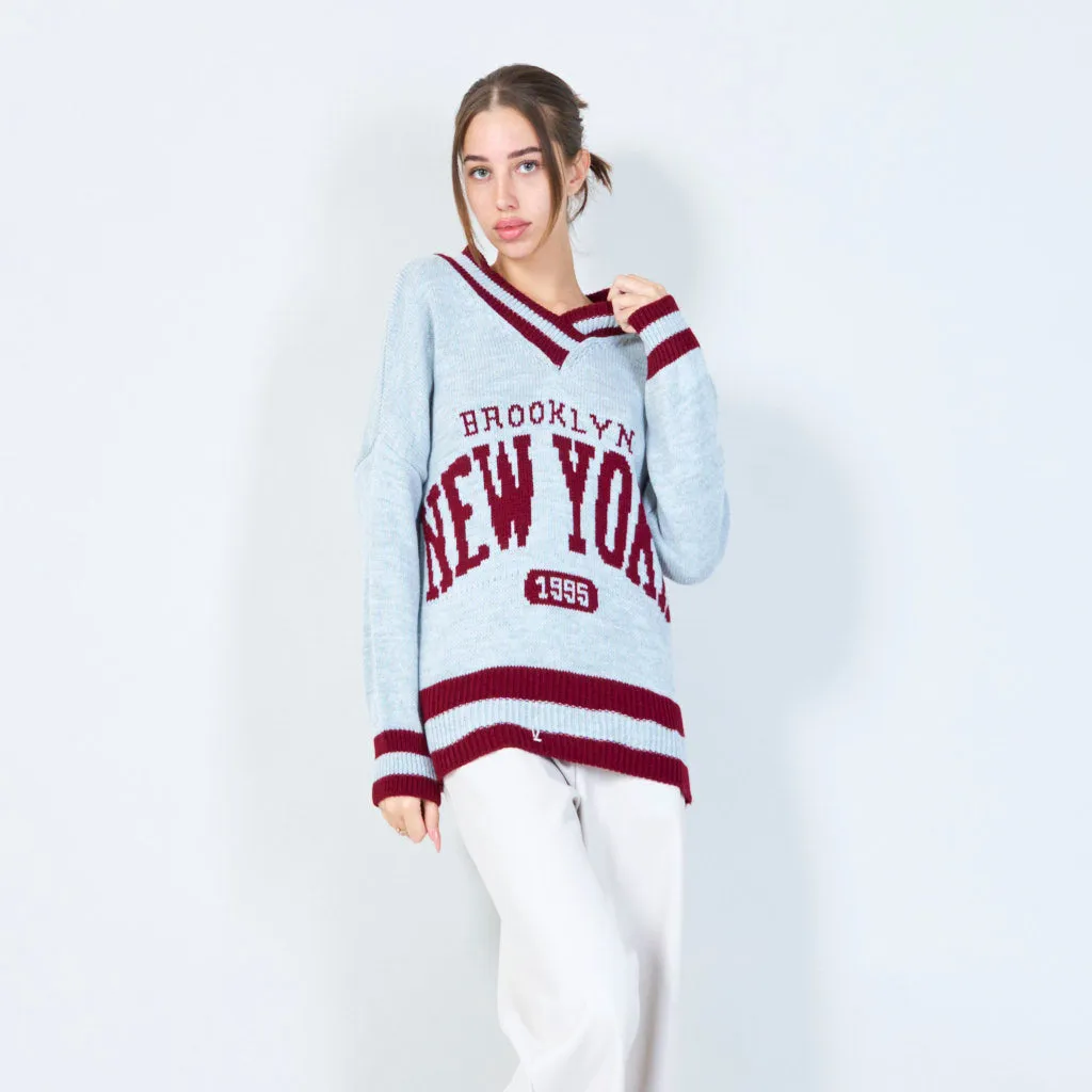 Varsity-inspired knit sweater with New York graphic wholesale