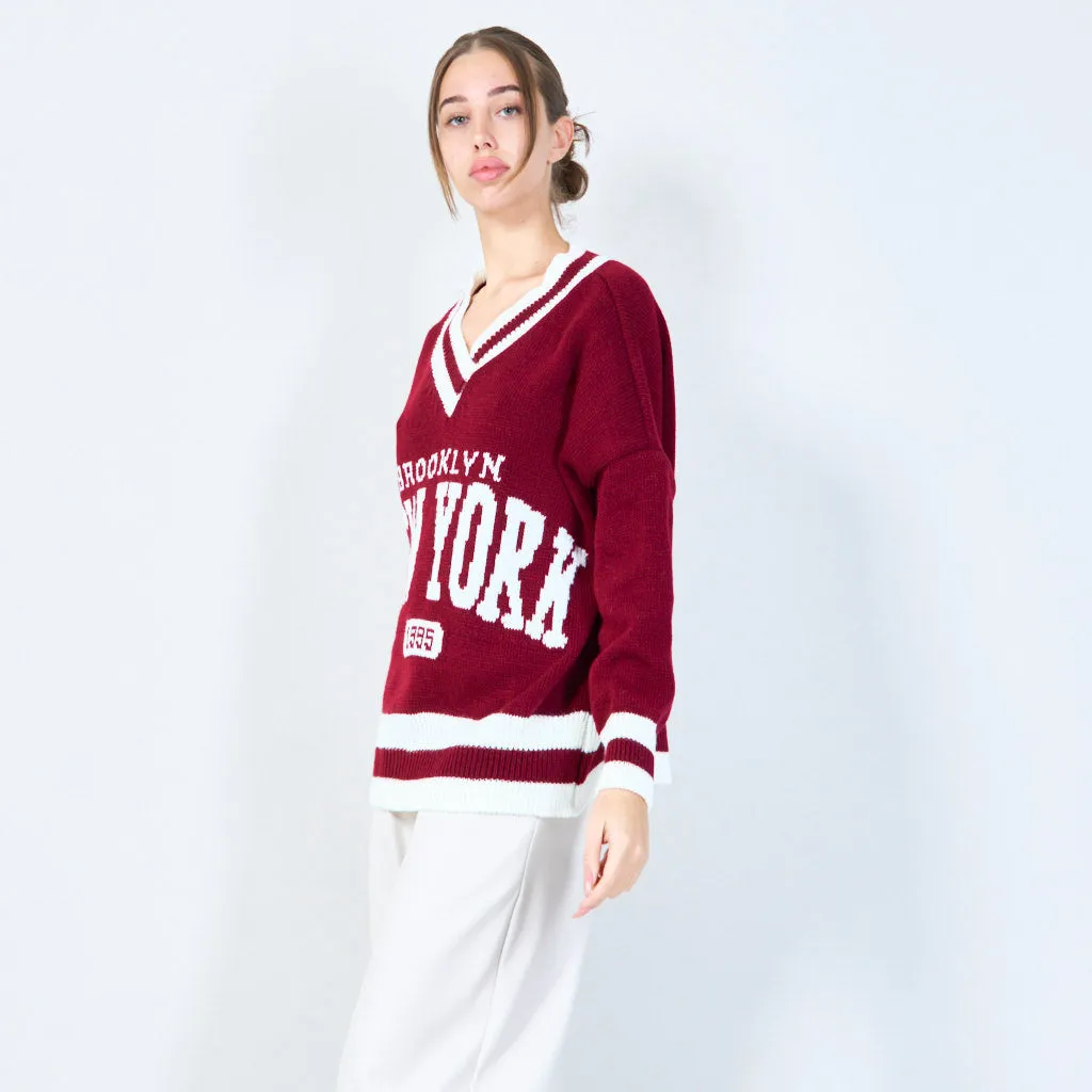 Varsity-inspired knit sweater with New York graphic wholesale