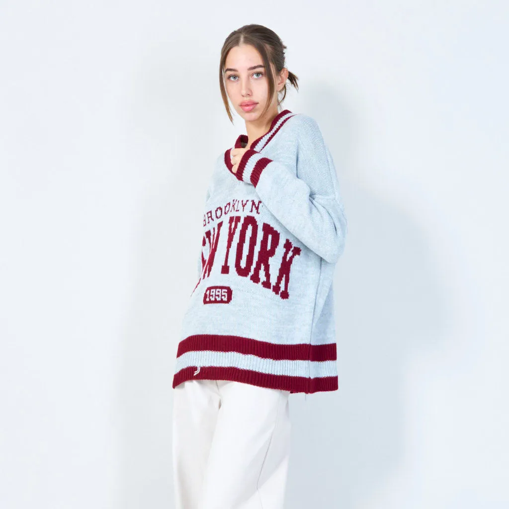 Varsity-inspired knit sweater with New York graphic wholesale