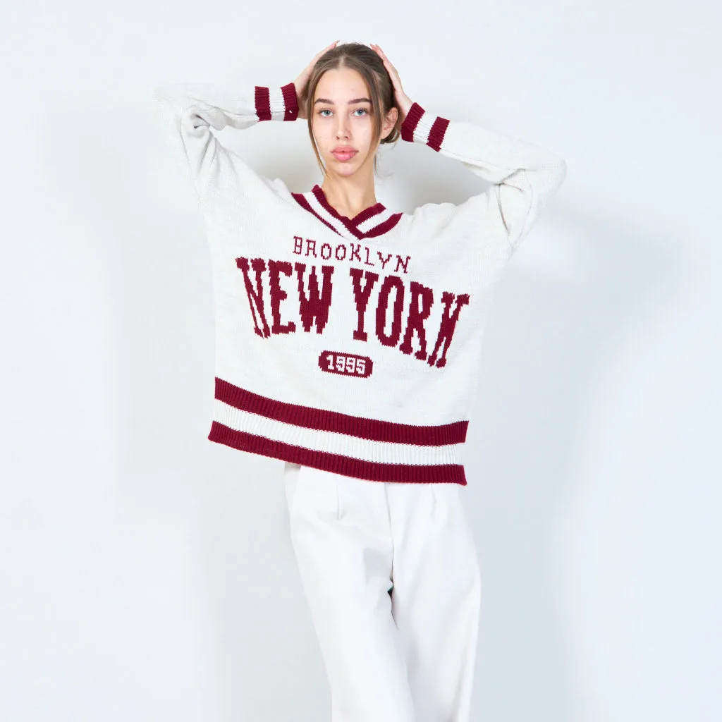 Varsity-inspired knit sweater with New York graphic wholesale