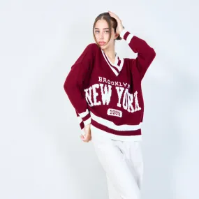 Varsity-inspired knit sweater with New York graphic wholesale