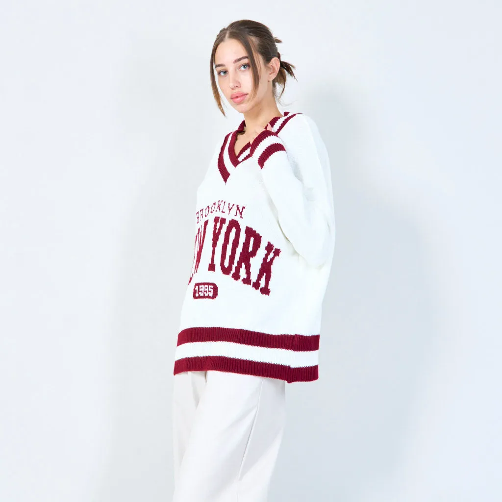 Varsity-inspired knit sweater with New York graphic wholesale