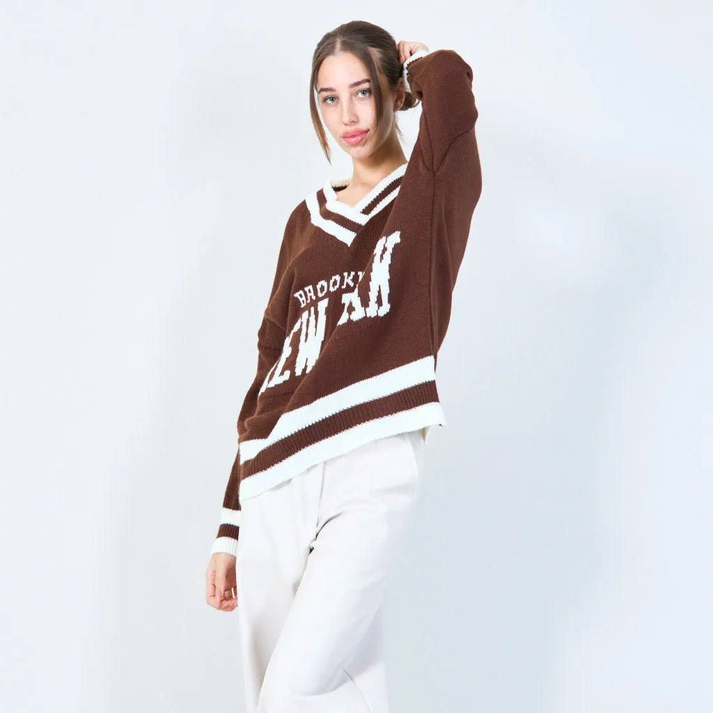 Varsity-inspired knit sweater with New York graphic wholesale