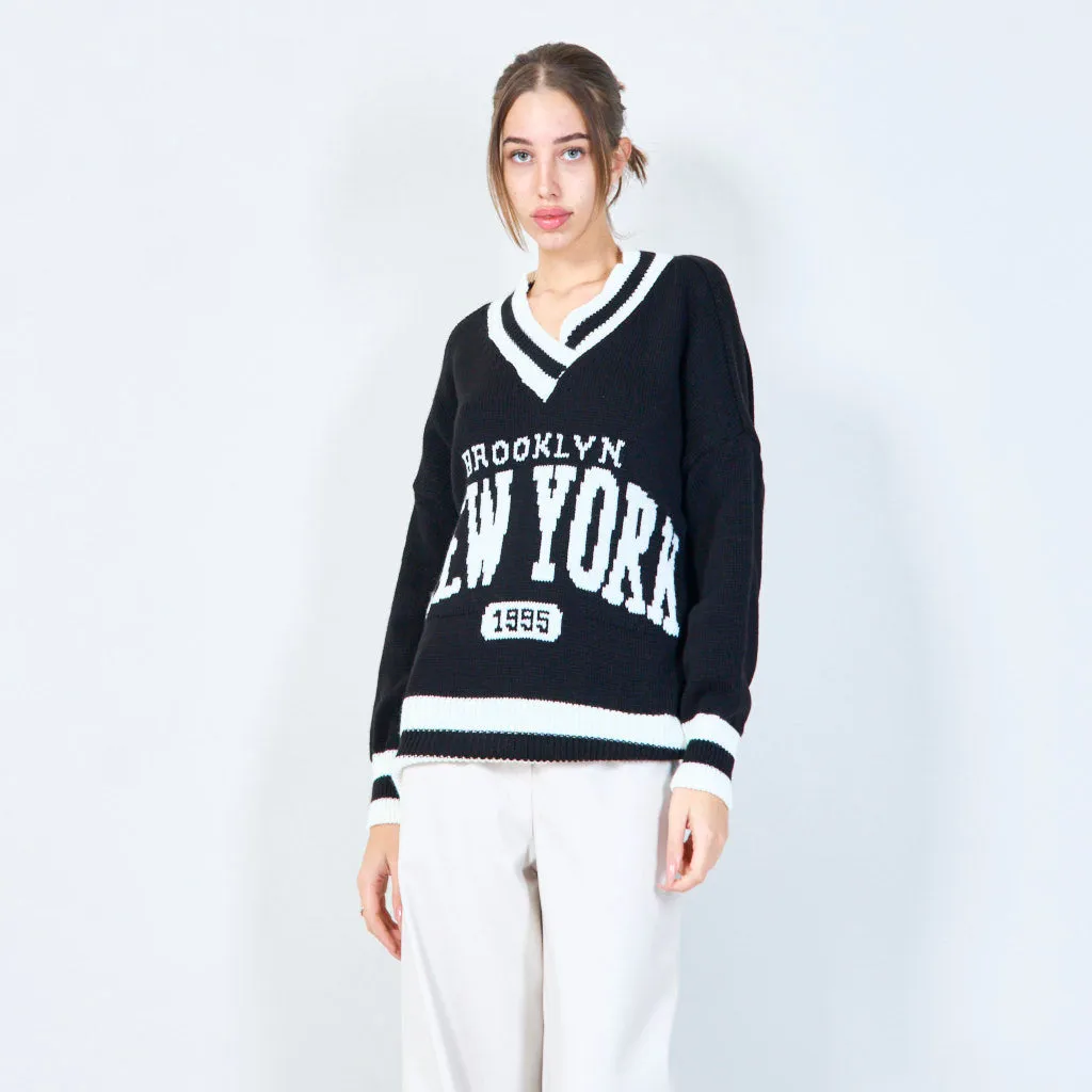 Varsity-inspired knit sweater with New York graphic wholesale