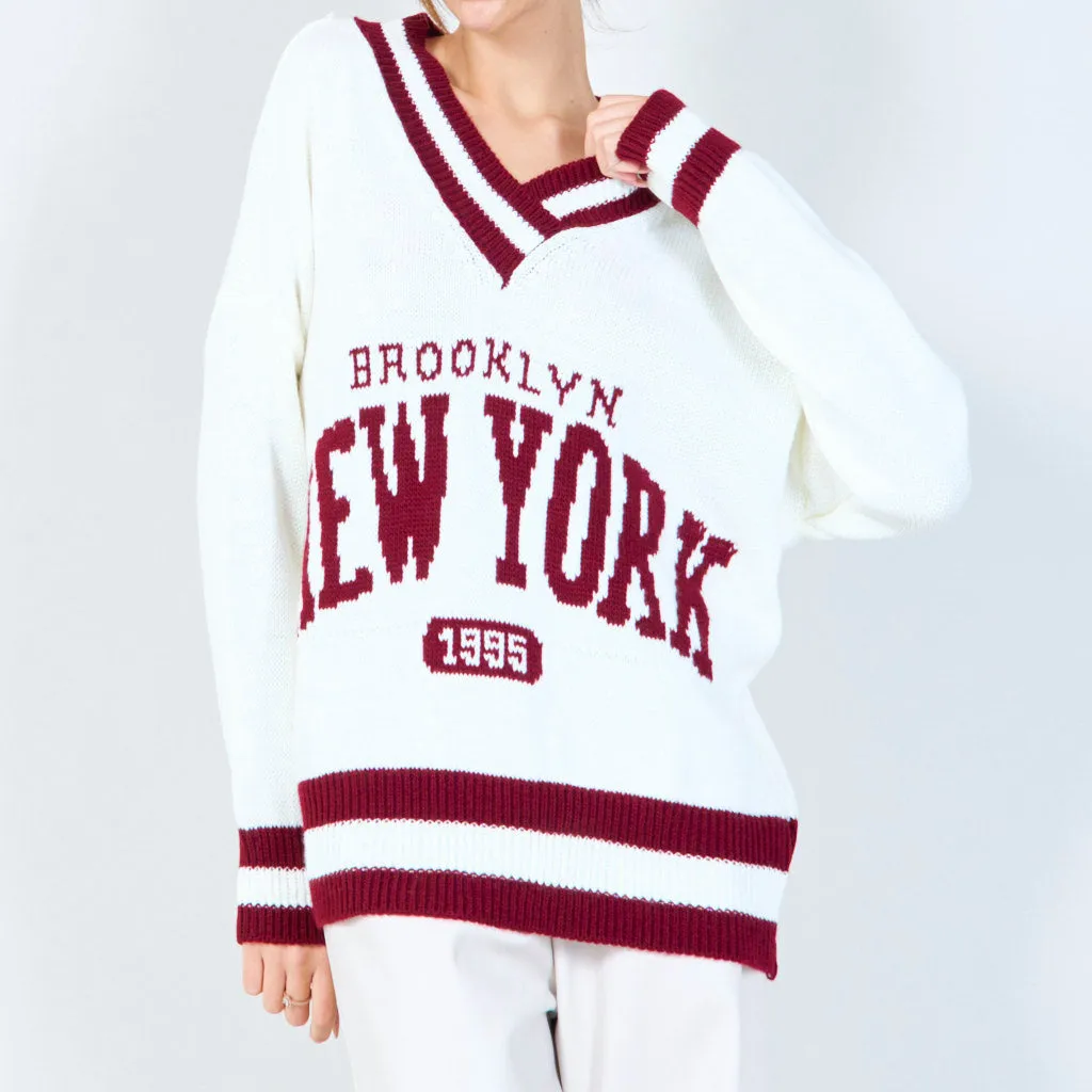 Varsity-inspired knit sweater with New York graphic wholesale