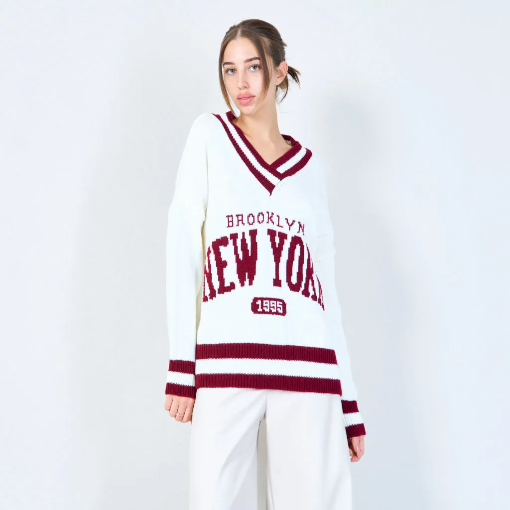 Varsity-inspired knit sweater with New York graphic wholesale