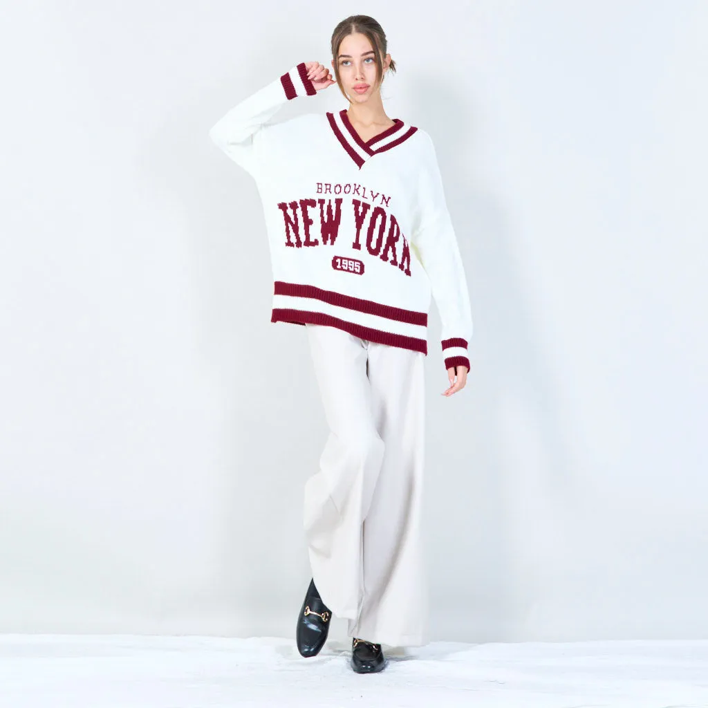 Varsity-inspired knit sweater with New York graphic wholesale