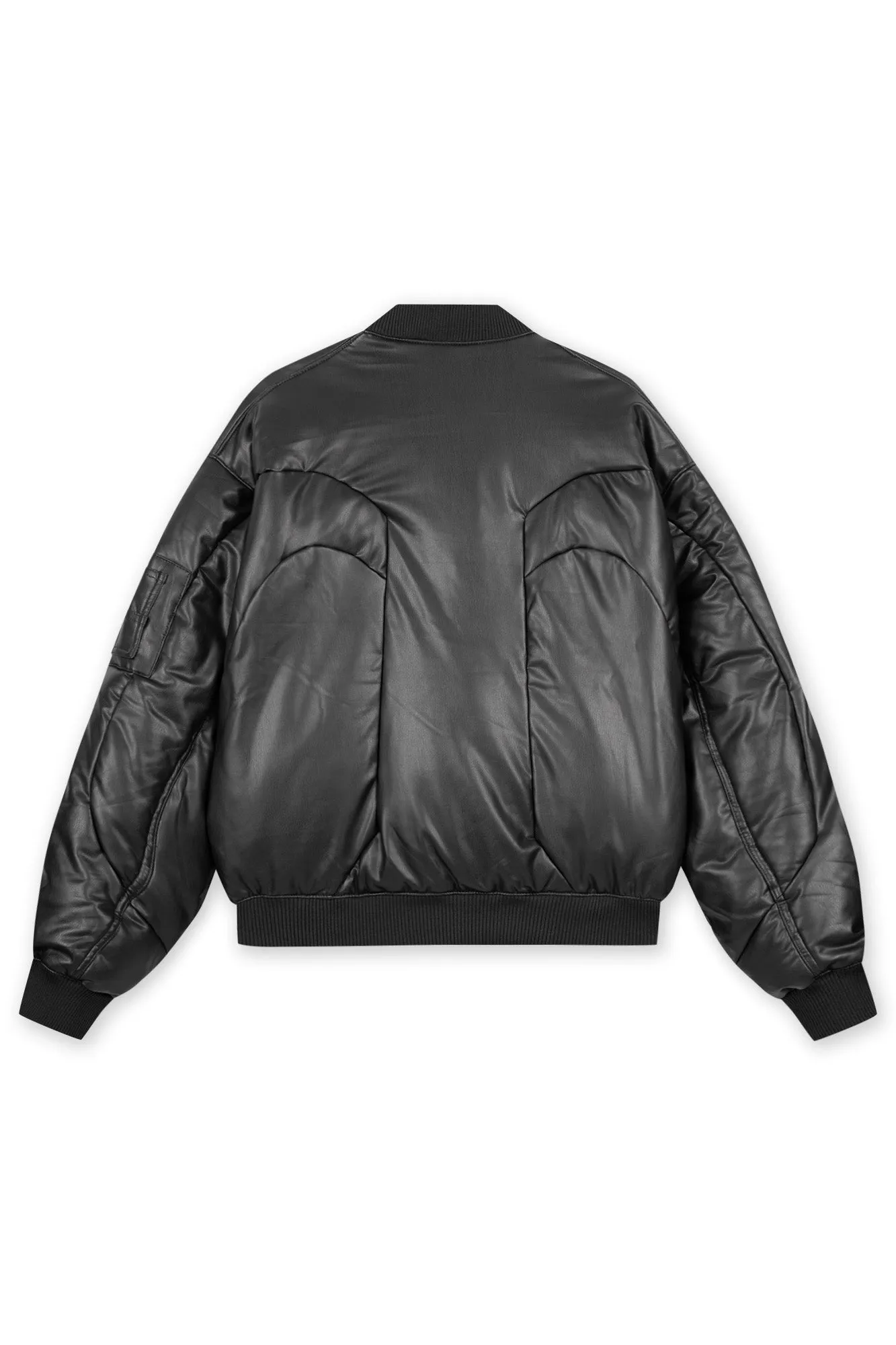 VEGAN LEATHER CUTLINE BLACK BOMBER JACKET