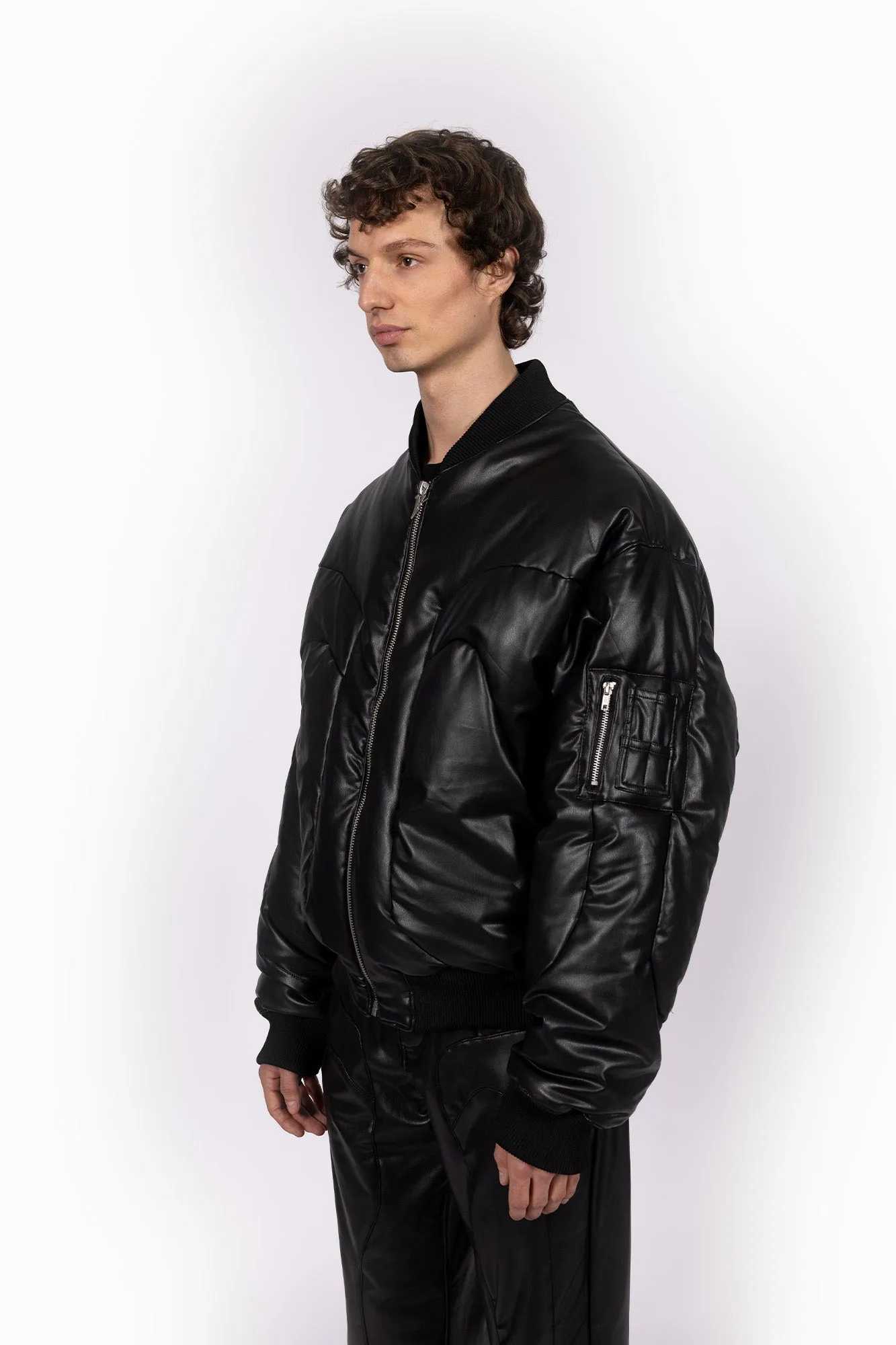 VEGAN LEATHER CUTLINE BLACK BOMBER JACKET