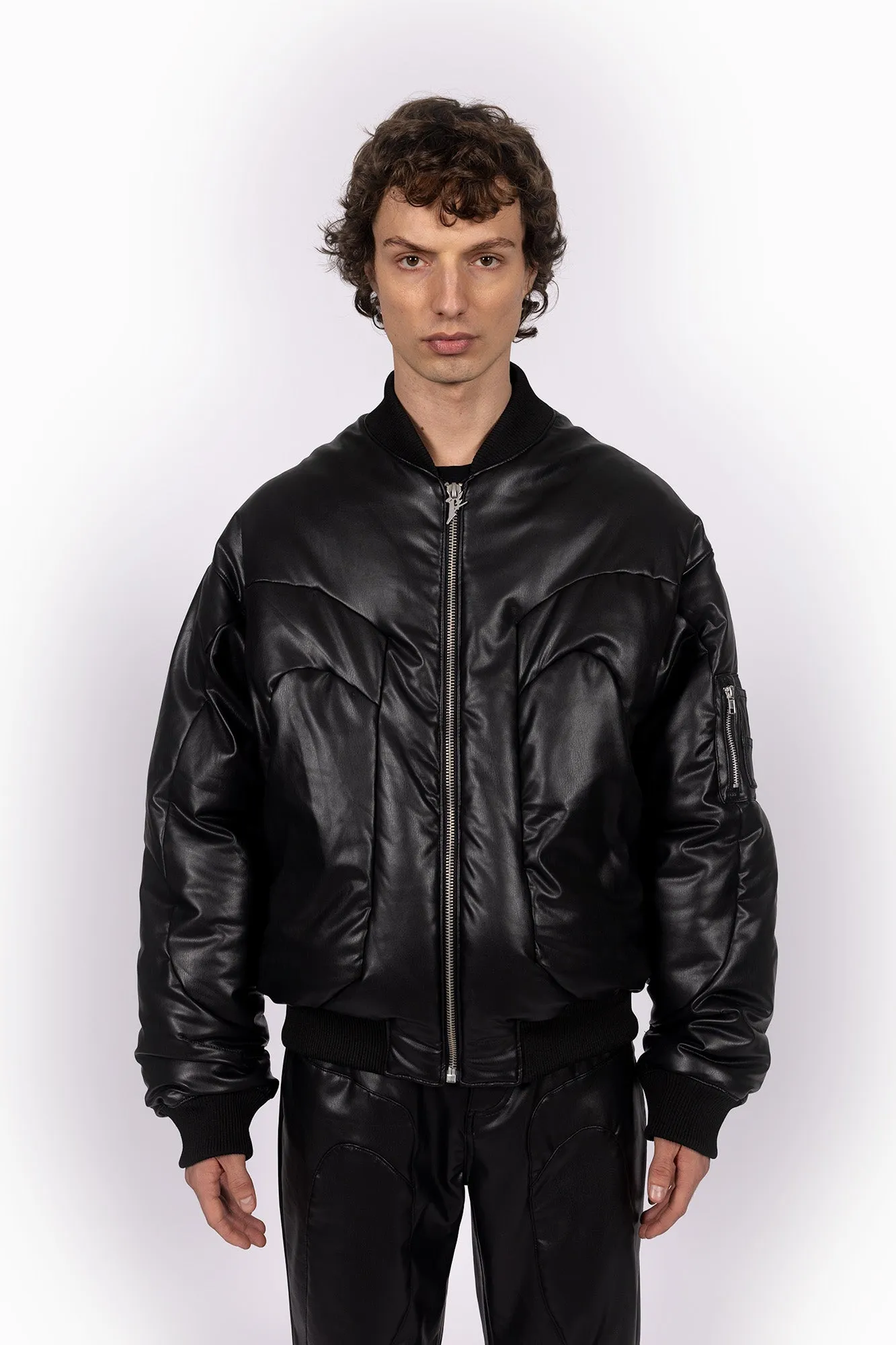 VEGAN LEATHER CUTLINE BLACK BOMBER JACKET