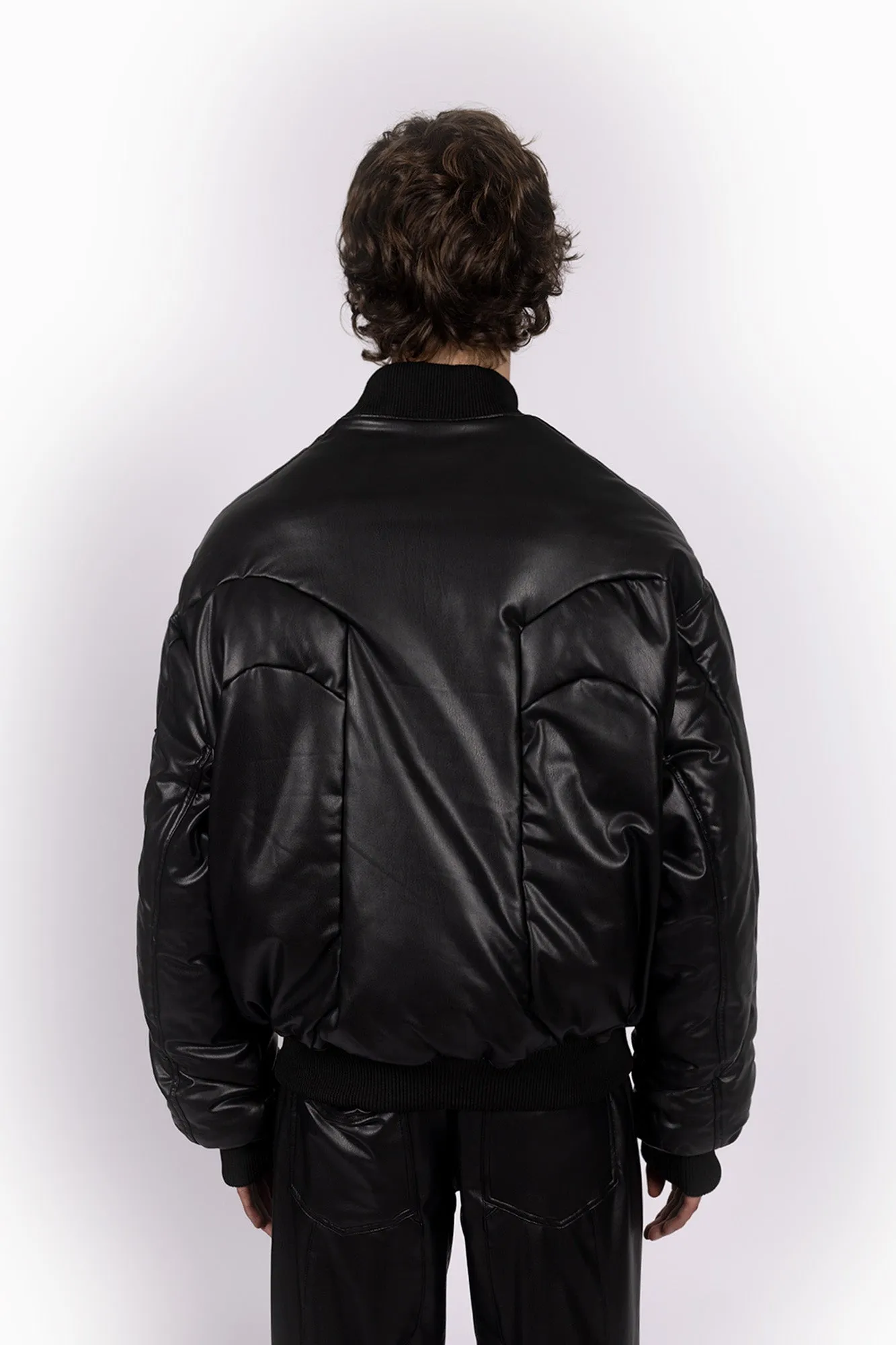 VEGAN LEATHER CUTLINE BLACK BOMBER JACKET