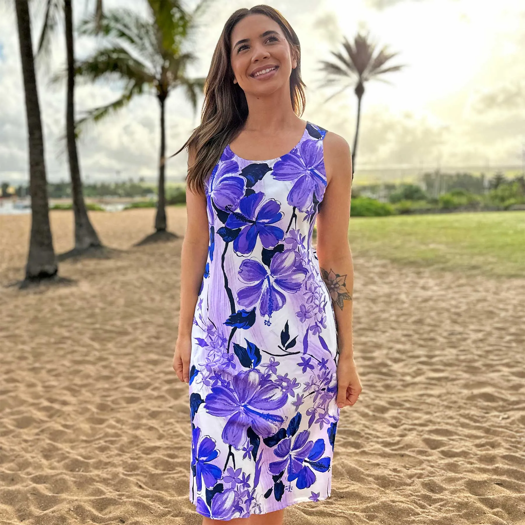 Watercolor Hibiscus Purple Tank Dress