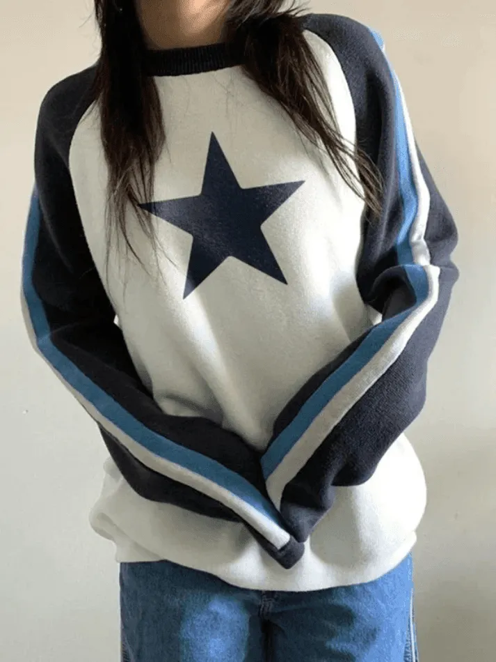 Wenkouban-Spring Casual Outfits Y2K Outfits Raglan Sleeve Star Print Pullover Sweater