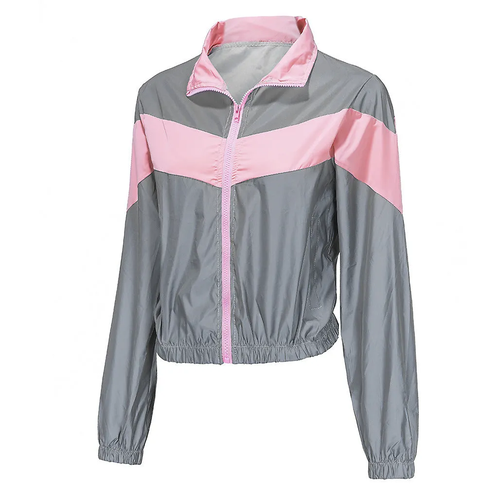 Women's Spandex Striped Reflective Windbreaker With Zippers