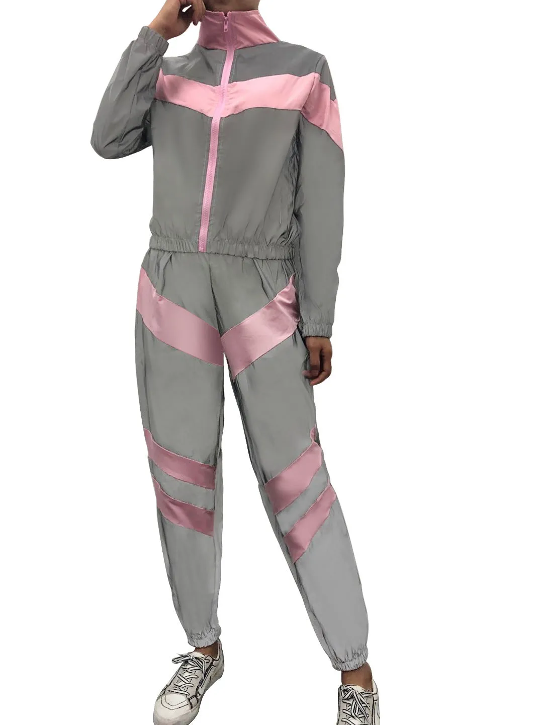 Women's Spandex Striped Reflective Windbreaker With Zippers