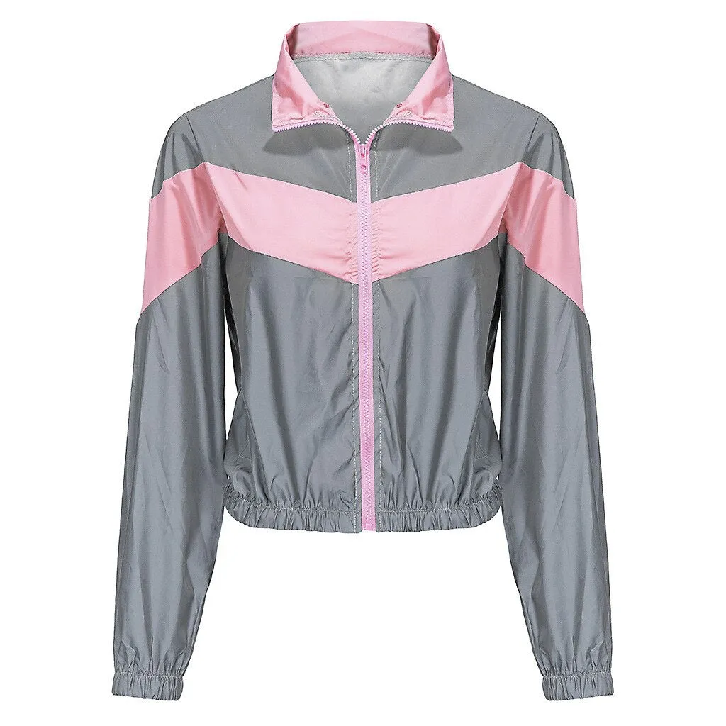 Women's Spandex Striped Reflective Windbreaker With Zippers